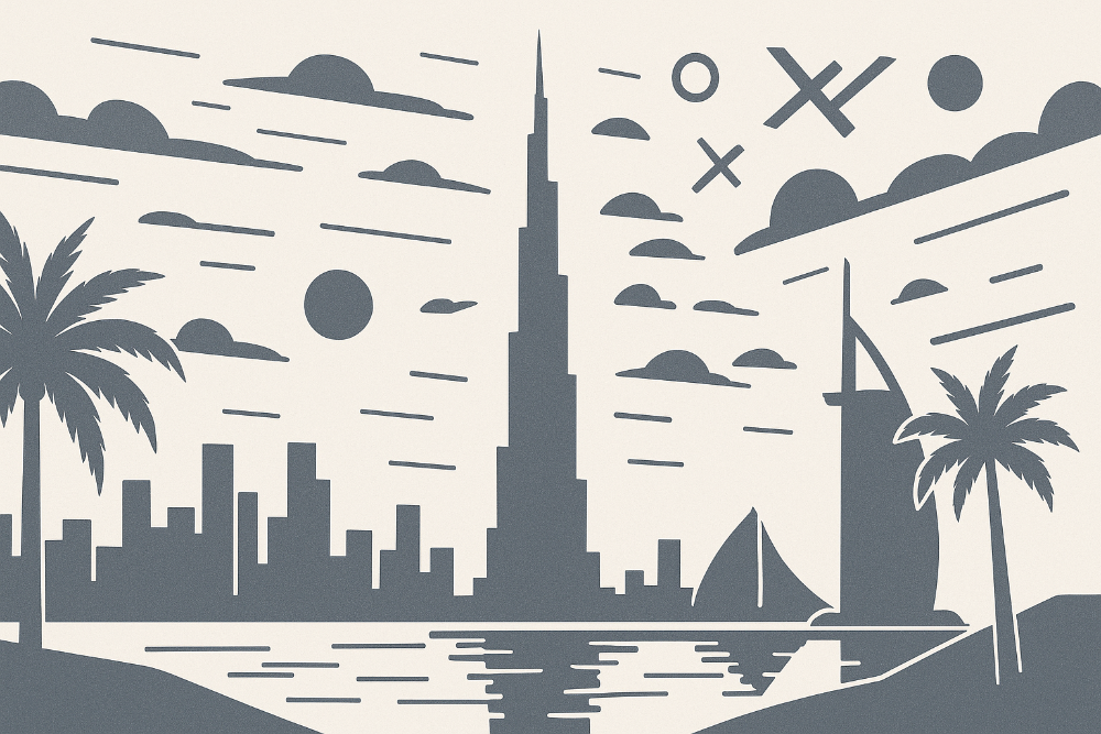 Simplified illustration of a city skyline with palm trees and a sailboat.