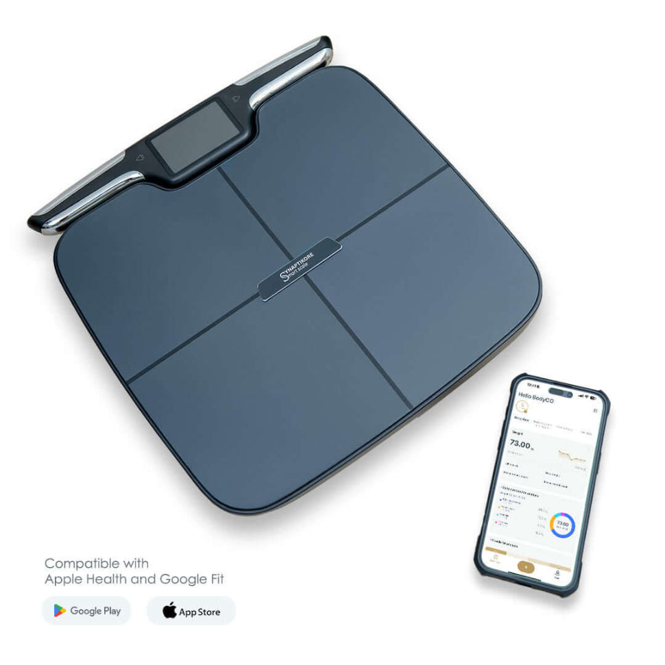 Smart weight scale with a smartphone displaying app interface on a white background