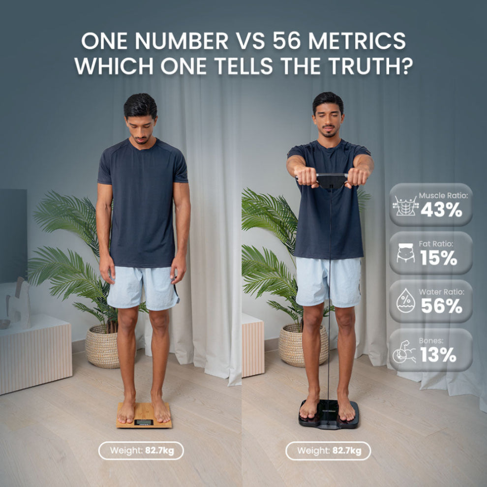 Person standing on a scale with health metrics displayed, comparing 'One Number' to '56 Metrics'.