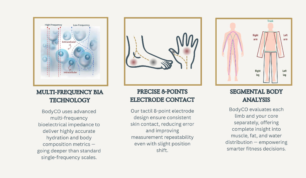 Infographic detailing BodyCO's multi-frequency BIA technology, precise electrode contact, and segmental body analysis.