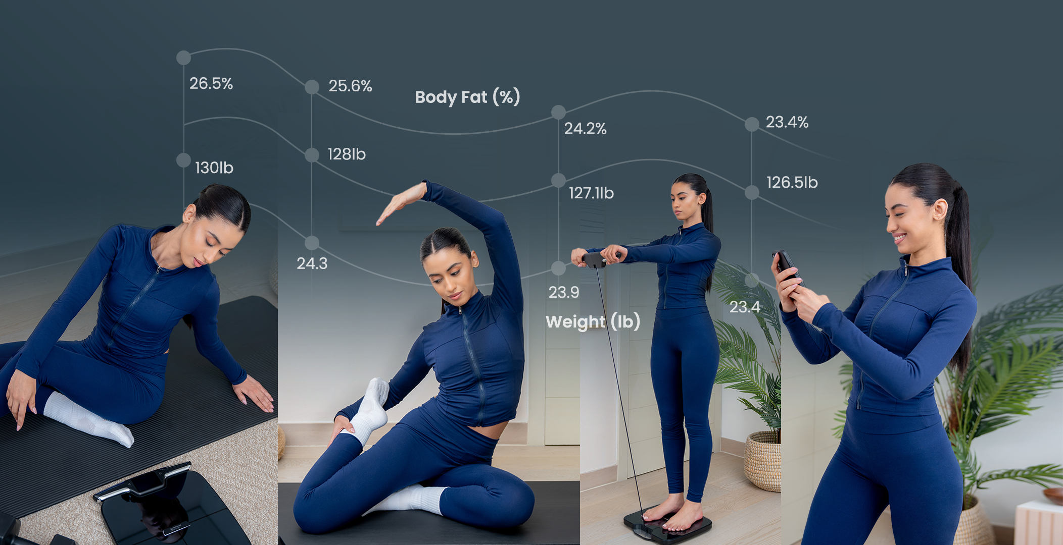 Woman in a blue fitness suit with digital graphics showing body fat percentage and weight.