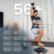 Person exercising with body composition analysis graphics overlay