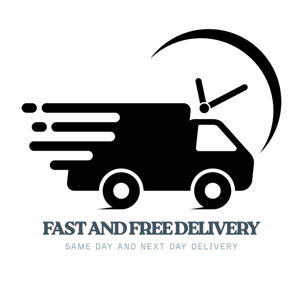 Black delivery truck icon with a clock and 'Fast and Free Delivery' text on a white background
