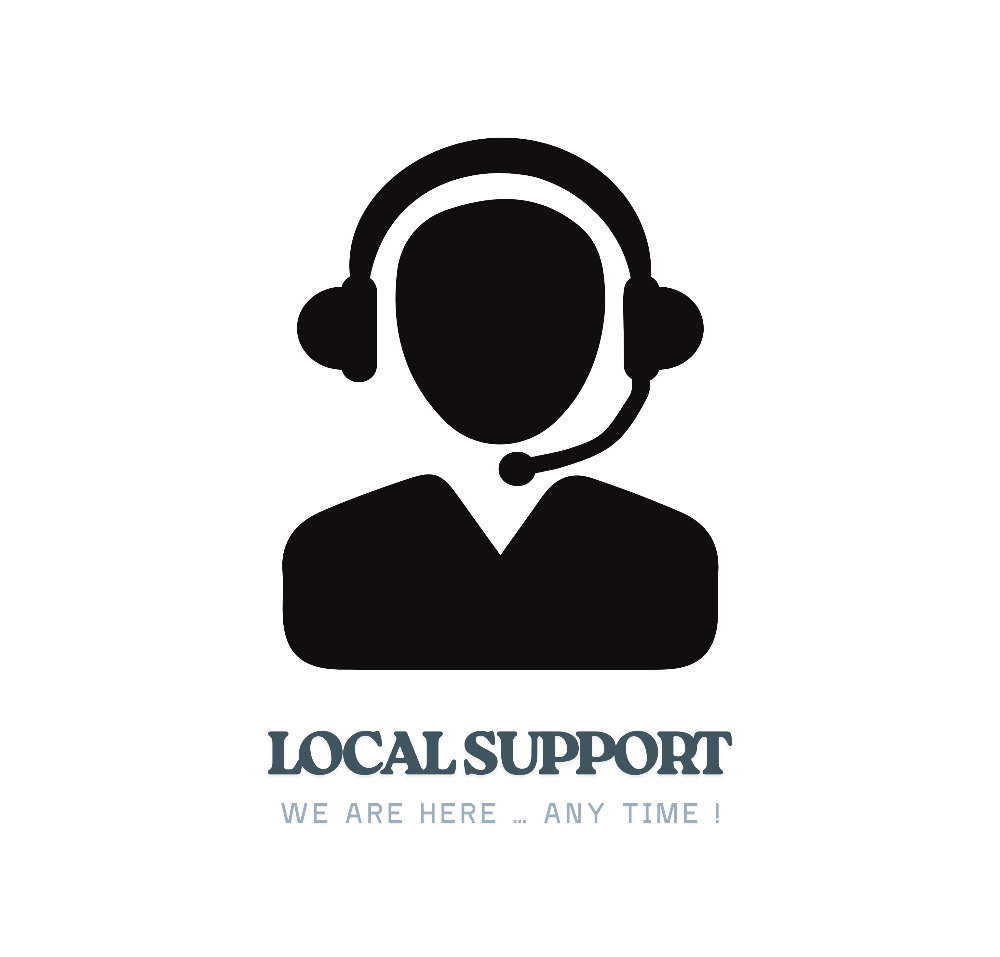 Black silhouette of a person wearing a headset with 'Local Support' text on a white background