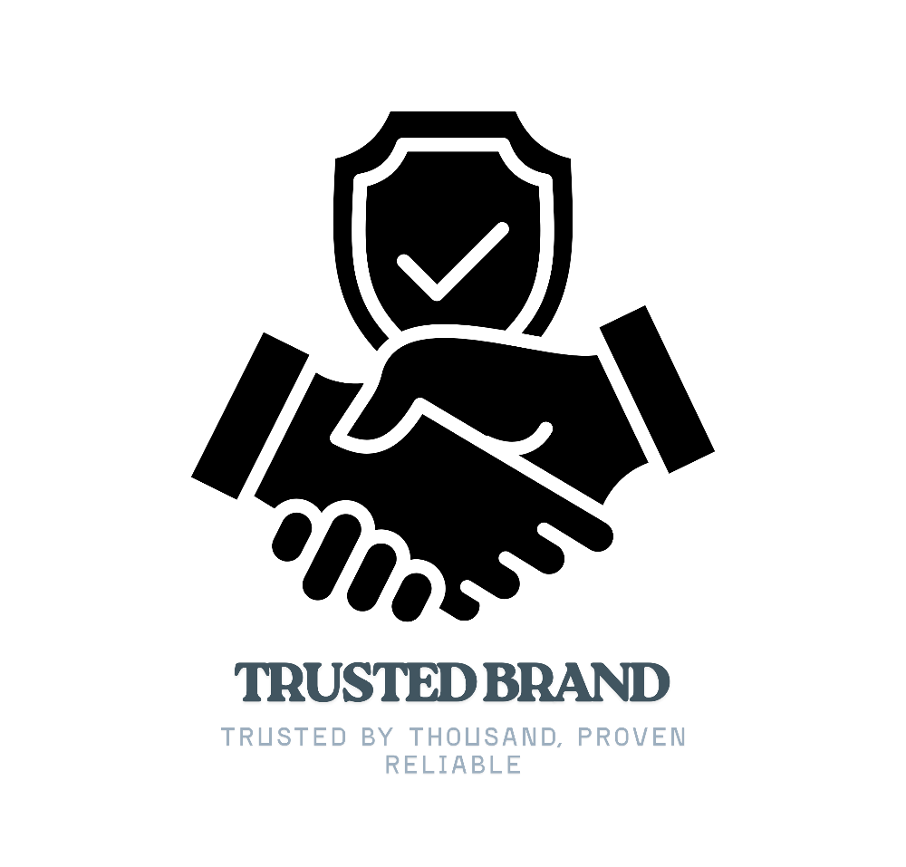 Black icon of two hands shaking with a shield and checkmark above, labeled 'Trusted Brand'.